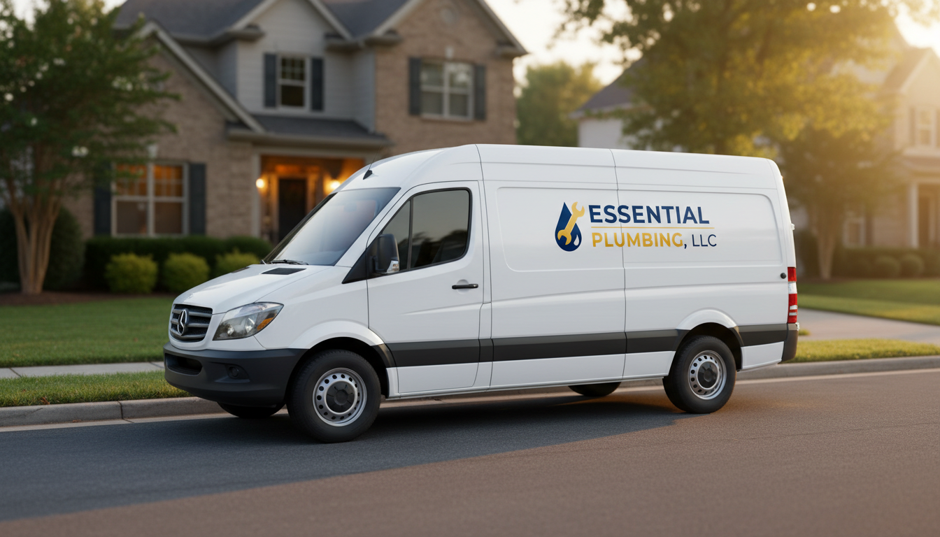 Plumbing van in front of residential home