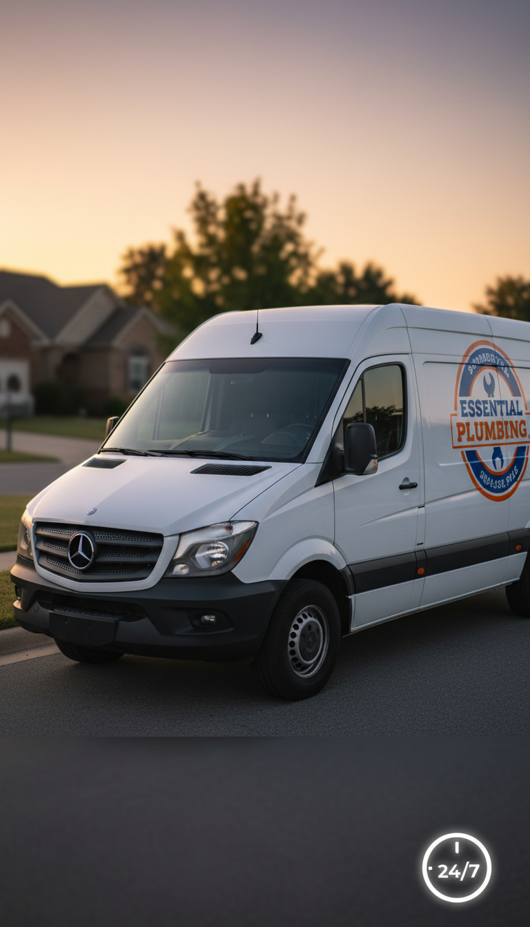 Plumbing van in front of residential home